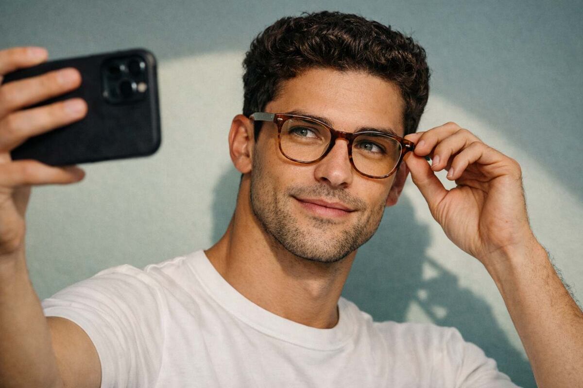 Мужчина делает сэлфи в стильных очках
