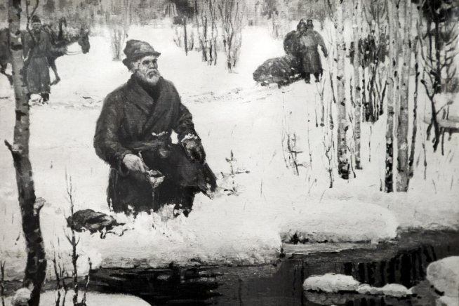 Художник Борис Поморцев. Картина "Иван Ребоев у открытого им источника". Местонахождение - Национальный музей Карелии.