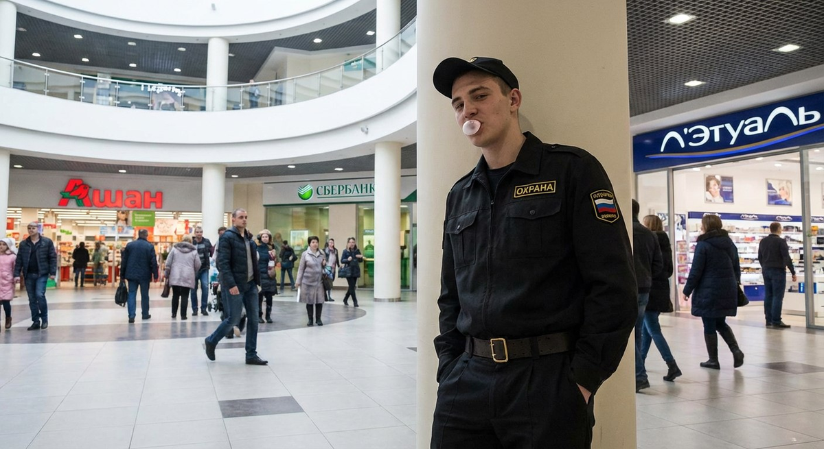 После трагического инцидента с покупателем в «Сити Молле», один из охранников магазина исчез. Фото: нейросеть