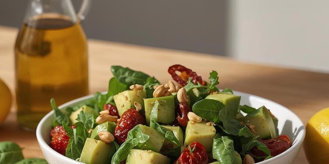 Очень простой и полезный салат с вялеными помидорами и авокадо. Просто и быстро