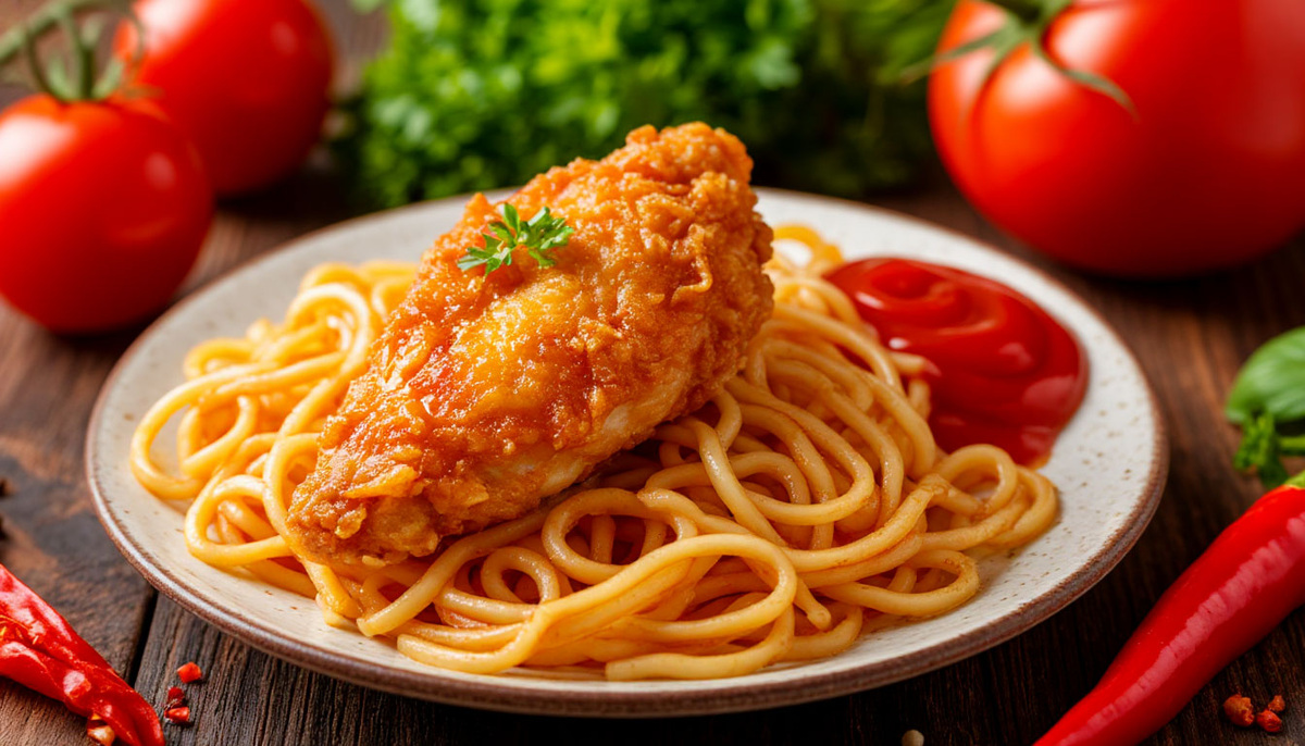 новая подача лапши с курицей, теже продукты но намного интересней, можно порадов