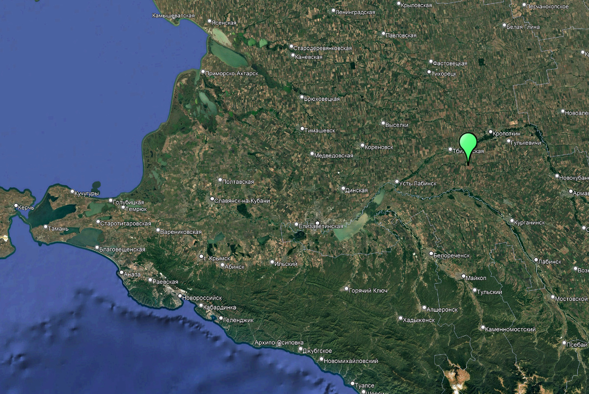Расположение хутора Песчаный на территории Краснодарского края.