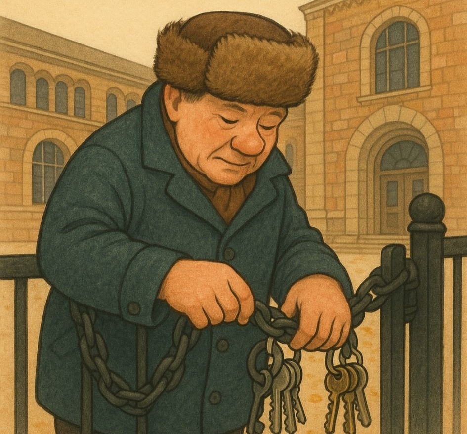  Это папа Костика нарисовал с помощью ИИ картинку, чтобы было понятно, как сторож запирает музей на замок, когда все уйдут. 