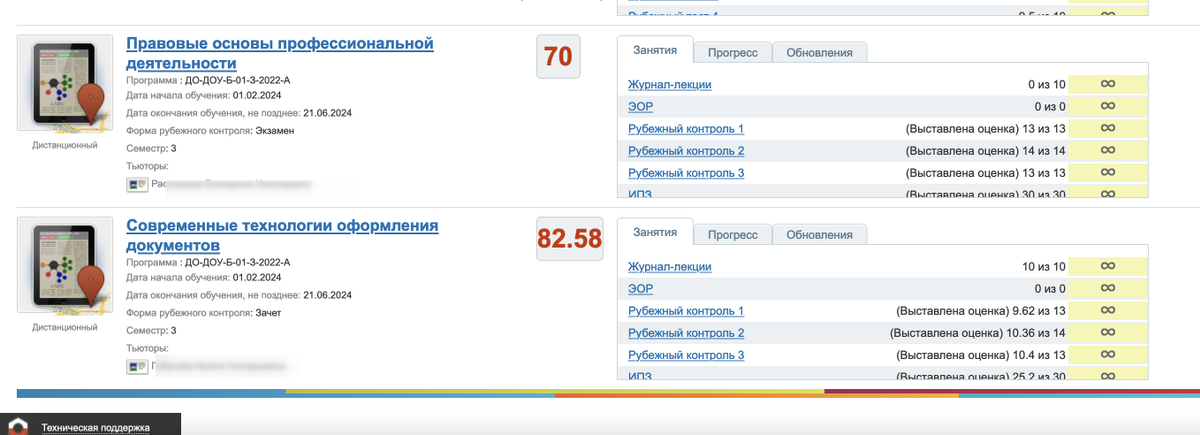Пример результатов в сложных предметах 