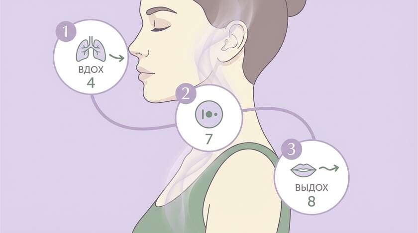 Дыхание «4-7-8» - простой способ дать мозгу сигнал «опасности нет». 4 секунды вдох, 7 - задержка, 8 - медленный выдох.