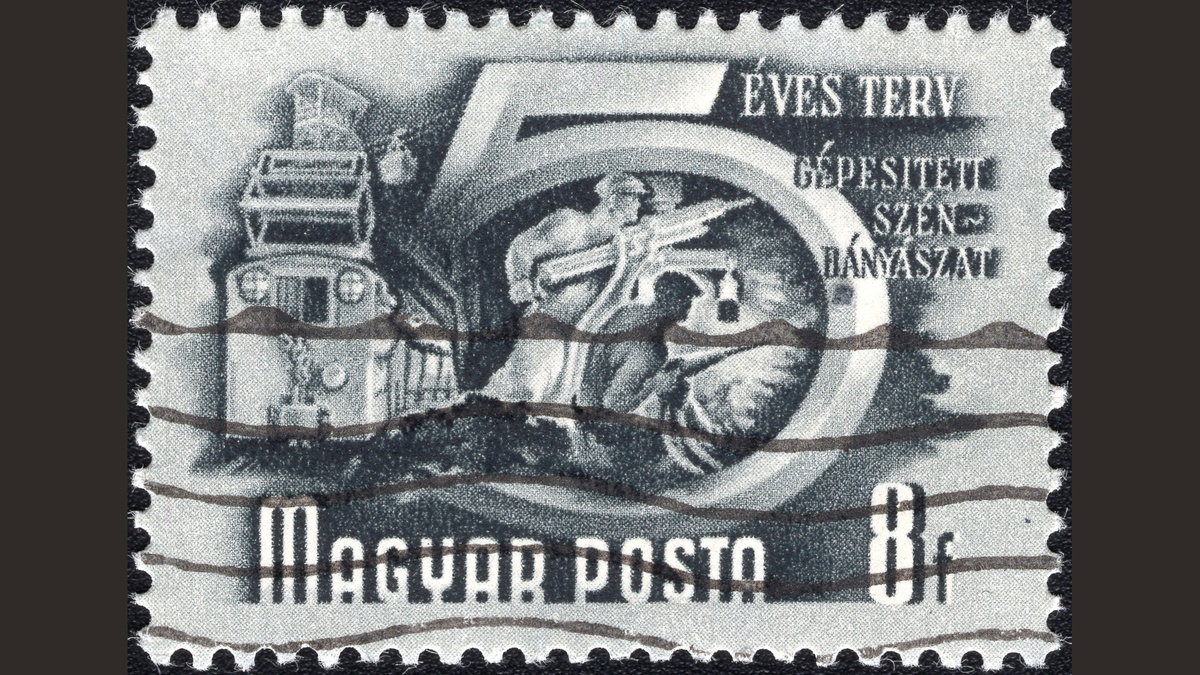 1. Венгрия, 1951 год, № 1173, марка с водяным знаком № 12, гашеная марка. Электровоз. Пятилетний план.