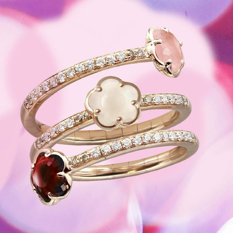 Кольцо Pasquale Bruni Figlia Dei Fiori из розового золота с бриллиантами, гранатом, розовым халцедоном и лунным камнем