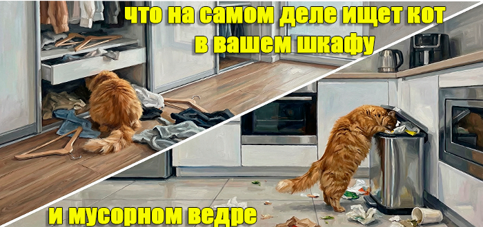 кошка лезет в в шкаф и мусорку