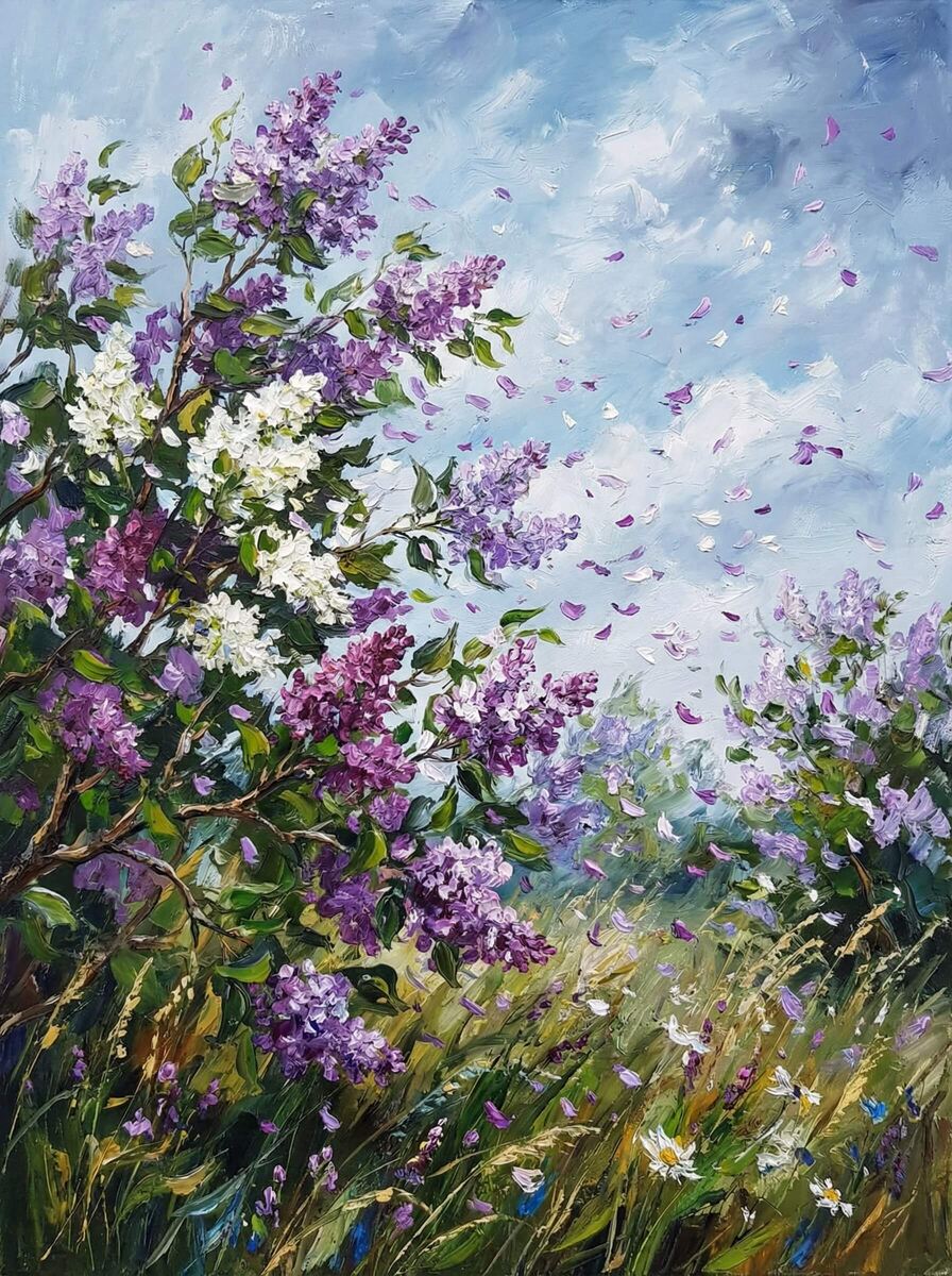 Картина акриловыми красками "Весенний ветер в саду".