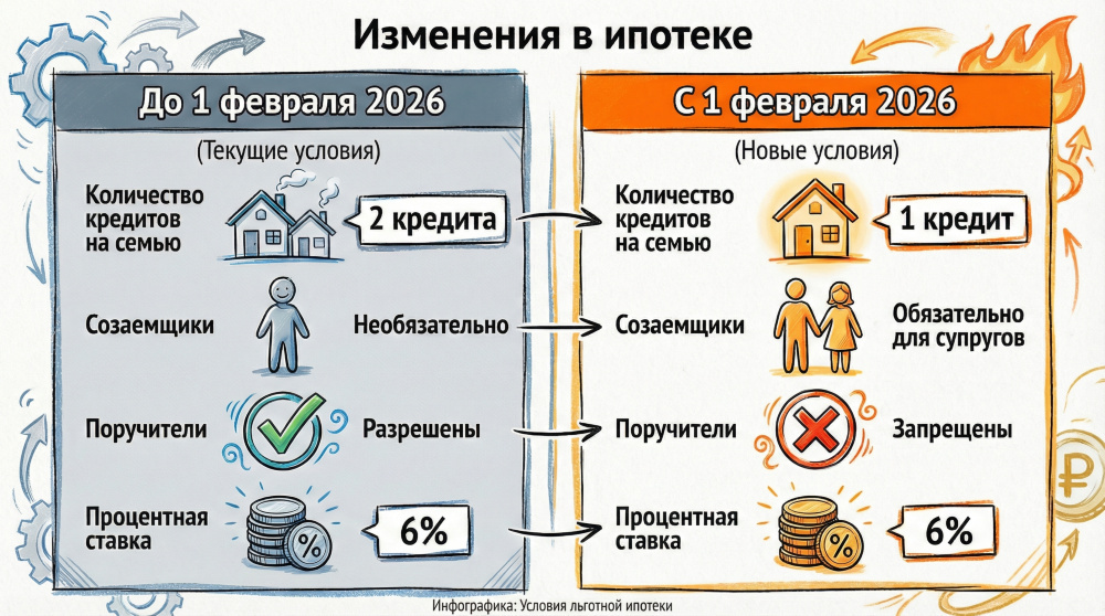    Ключевые изменения семейной ипотеки: ограничение до одного кредита на семью и обязательное созаемство при сохранении ставки 6%