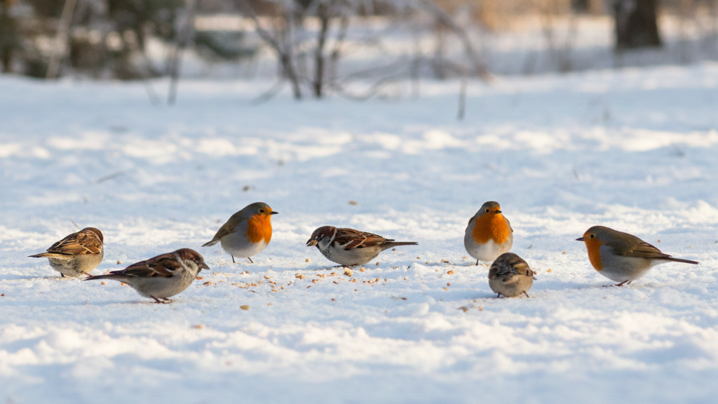    "Зимой в России у птиц еды становится меньше. Поэтому они тратят больше сил на поиски пищи, чем на собственное выживание. Фото сгенерировано нейросетью Nano Banana"