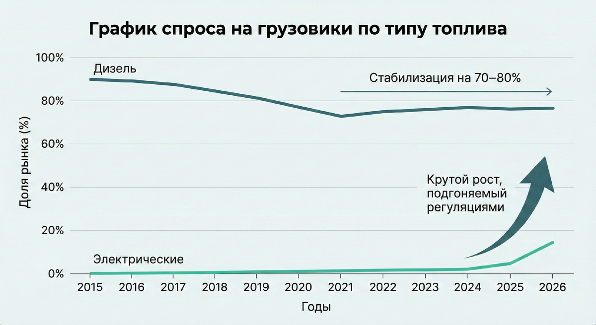 График спроса на грузовики по типам топлива, то на оси X — годы до 2026, на Y — доля рынка. Кривая дизеля стабилизируется на 70–80%, а электрических растёт круто, начиная с 2025, подгоняемая регуляциями.