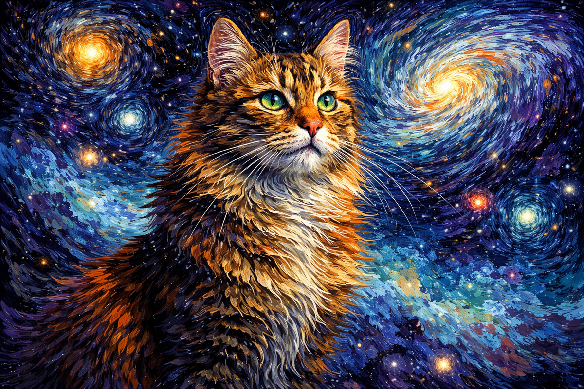 кот в стиле Ван Гога на фоне космоса