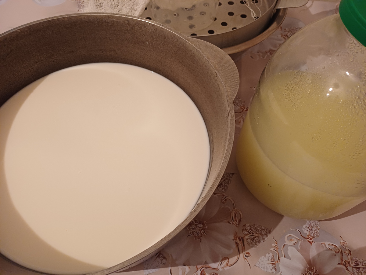 3 литра молока и 1,5 литра сыворотки.