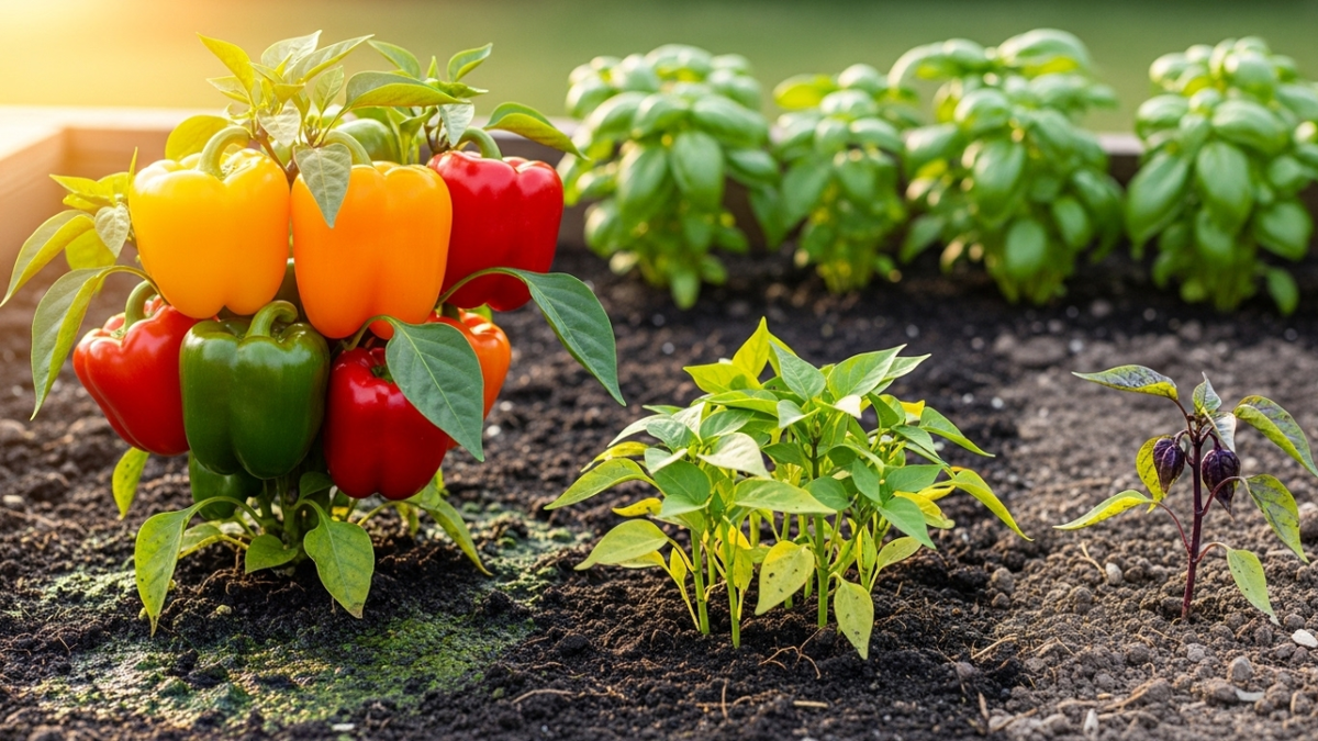 Крупный план ярких сладких перцев на грядке, рядом — визуальные ошибки ухода (переувлажнение, загущённые посадки, холодная почва)