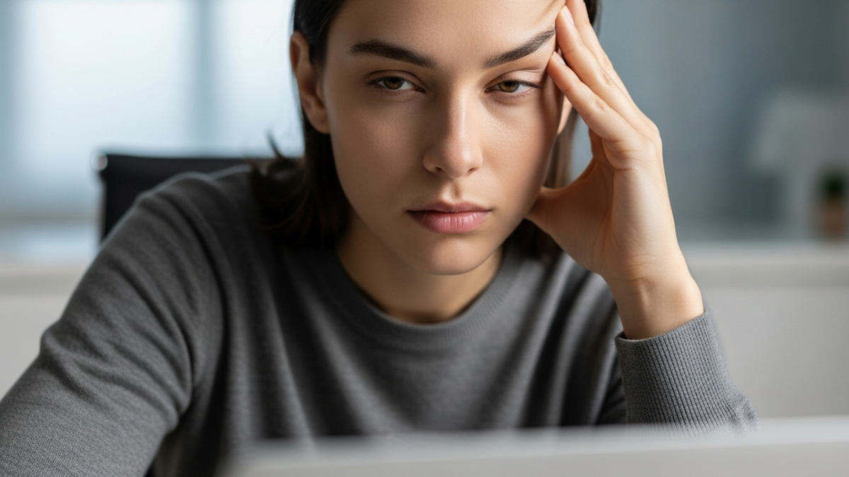 Сонливость как сигнал организма: человек сидит за рабочим столом, держится за голову, глаза полузакрыты