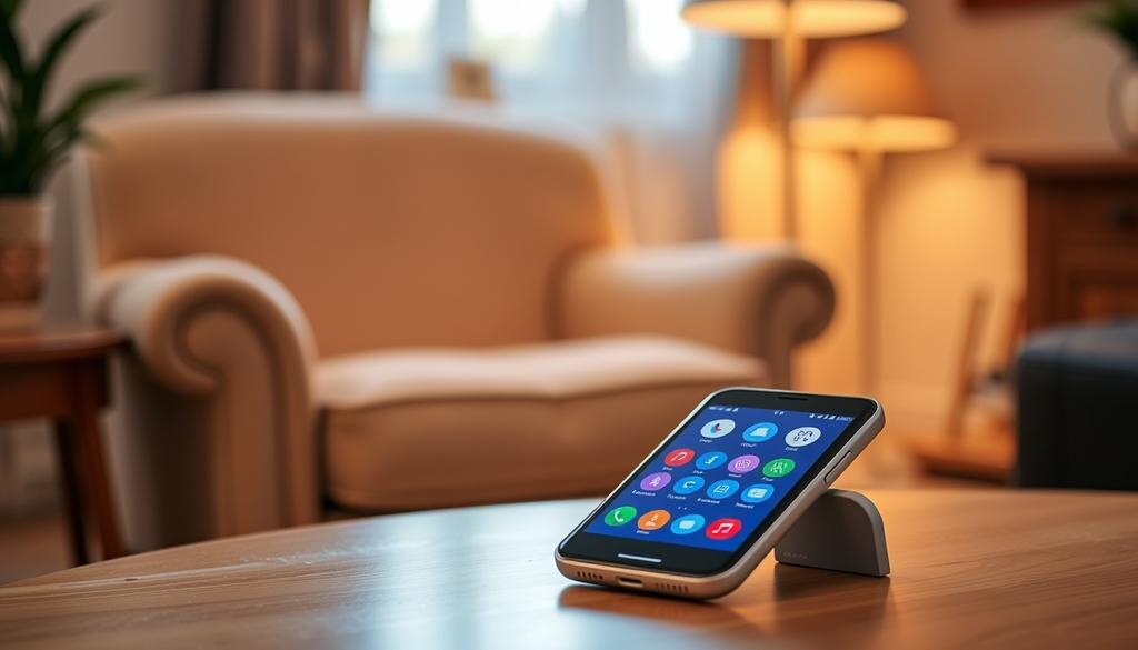    Смартфон для пожилых людей на столе с большими иконками на экране в уютной обстановке.