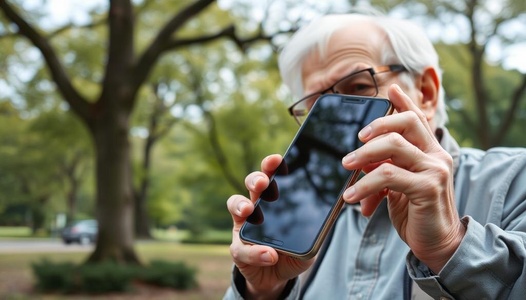    Смартфон с крупным экраном в руках пожилого человека на улице.