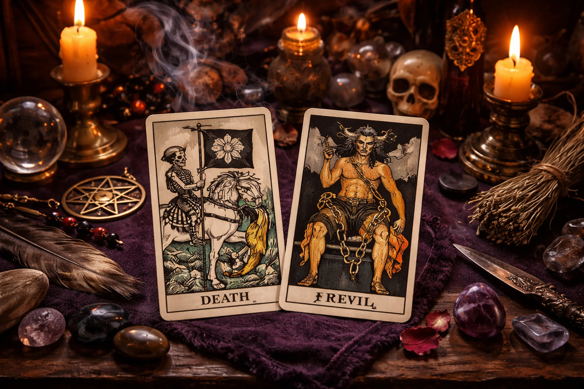 Смерть и Дьявол Таро на столе для гадания — визуальный образ момента, когда зависимость упирается в точку завершения и требует честного решения.