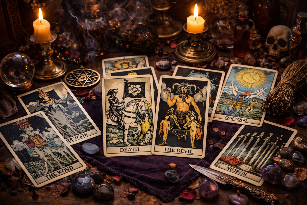 Атмосферная композиция с картами подчёркивает, как значение Смерти и Дьявола в Таро раскрывается через страх, контроль и необходимость разорвать старый сценарий.