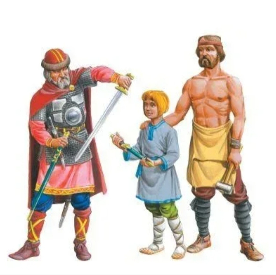 Средневековая Русь. Взрослые обучают подростка владению оружием. 