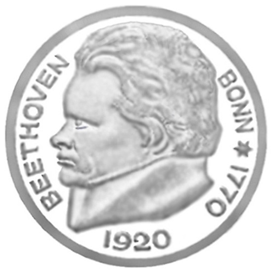    Впервые профиль Бетховена появился на эрзац-монетах, отчеканенных в год 150-летия композитора (1920) на его родине - в Бонне.По случаю юбилея эти монетки имели сувенирный характер, о чем свидетельствует тираж - около миллиона экземпляров