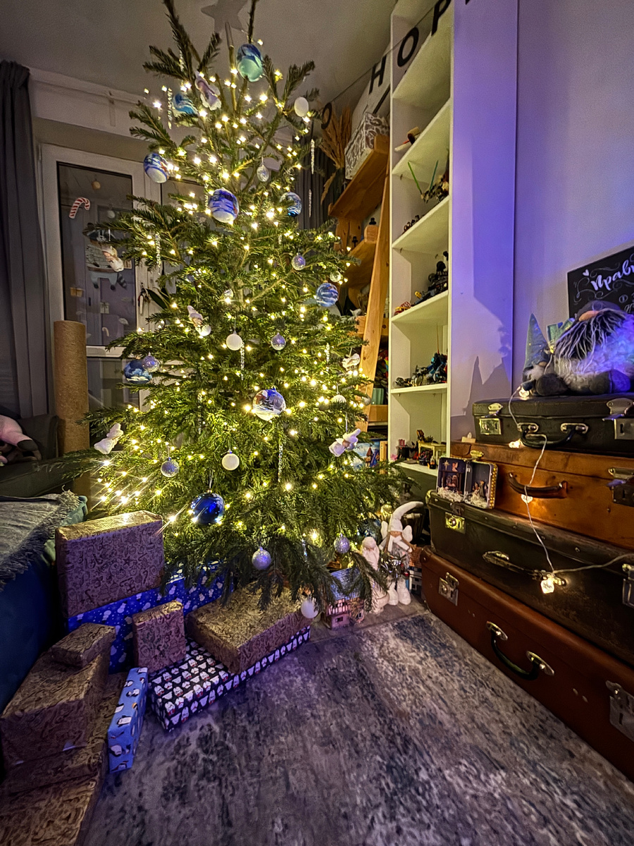 Фото автора. В 2026-м ёлочка существенно подросла, пришлось докупать шарики 