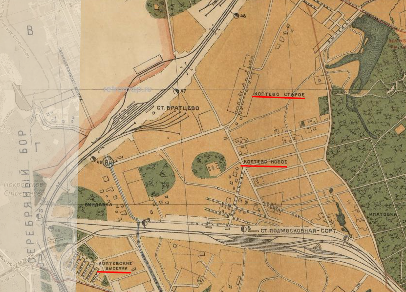 В начале XX века в этих местах было три населённых пункта – Старое Коптево, Новое Коптево и Коптевские Выселки. План Москвы 1927 года. Источник: retromap.ru