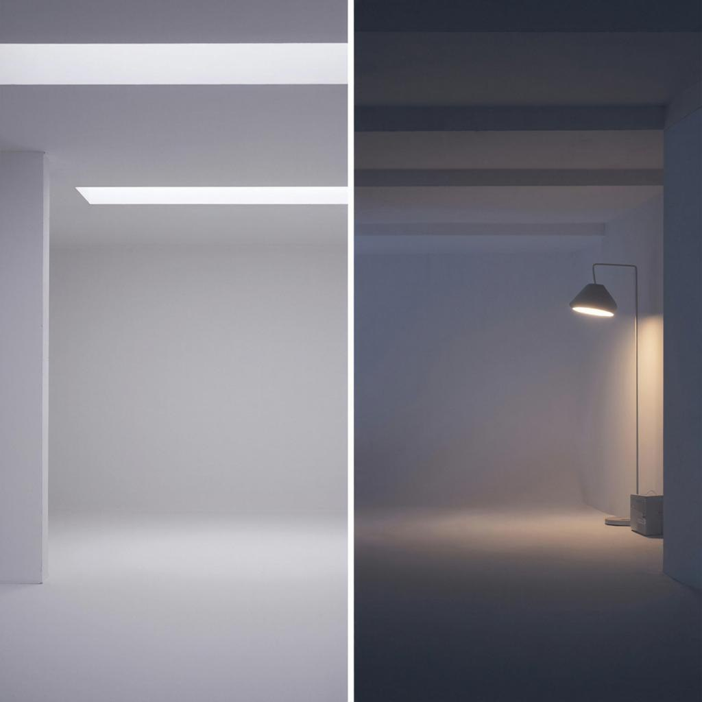 Верхний свет = плоско и “как в офисе”. Один локальный свет = глубина и спокойнее