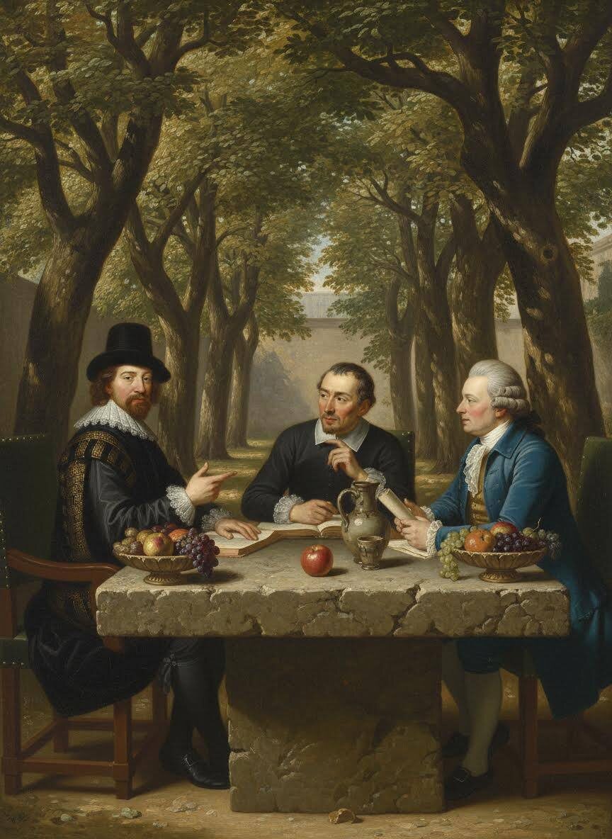 Картинка сгенерирована AI на основе копии репродукций с портретами философов 