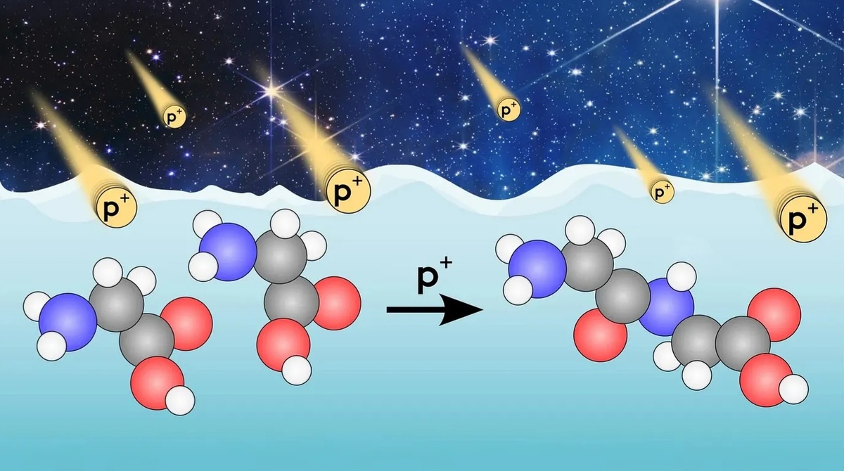 Иллюстрация молекул глицина на поверхности межзвездной пыли, бомбардируемой протонами космического излучения (p+) для производства пептидов, строительных блоков белков и жизни, как мы ее знаем. (Изображение: Альфред Томас Хопкинсон и др. 2026, из опубликованной в Nature Astronomy статьи. Звезды адаптированы из изображения космических утесов телескопа Уэбба, NASA / ESA / CSA / STScI)