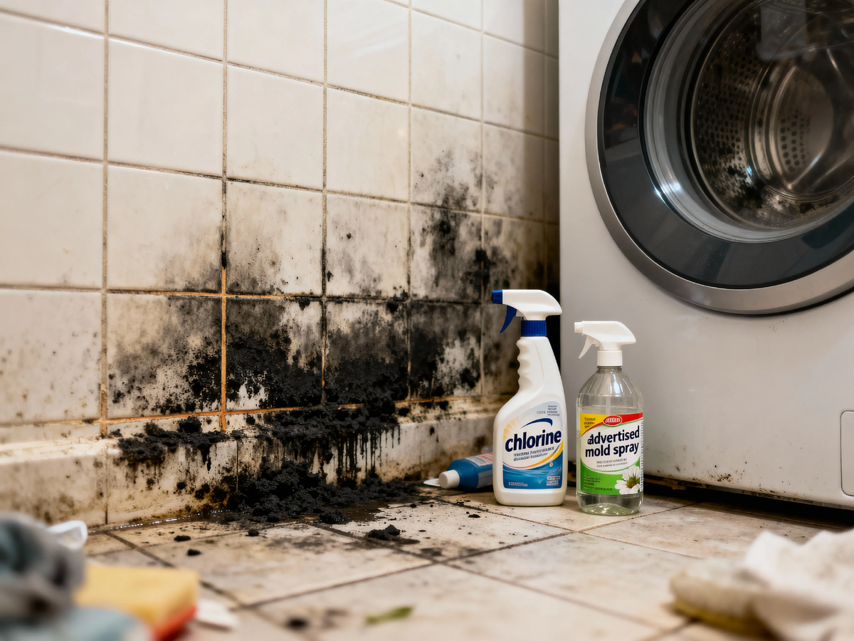 Угол в ванной комнате. С одной стороны — современная стиральная машина, отодвинутая от стены. На самой стене — обширное чёрное пятно плесени, расползающееся по плитке и швам. Рядом на полу в беспорядке стоят бытовые средства: бутылка с хлоркой, уксус, разрекламированный спрей от плесени.
