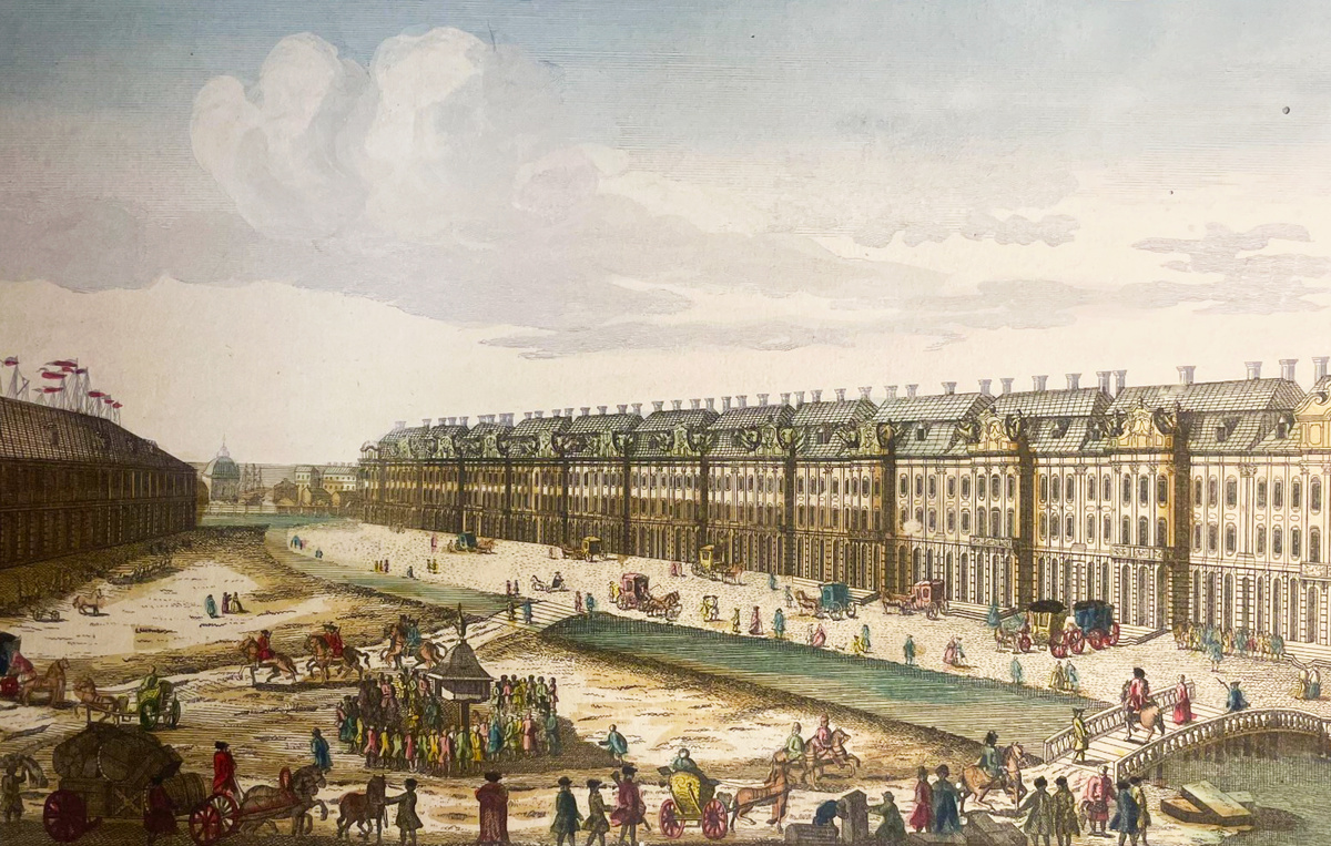    Гравюра Екима Внукова "Проспект Государственных коллегий с частью Гостиного двора", XVIII век  Из собрания Исторического музея