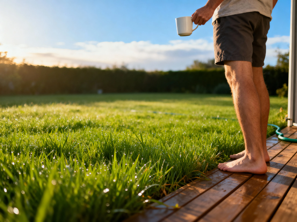 Вот он — тот самый утренний ритуал, который начинается не с проверки шлангов, а с первого глотка кофе. Это не картинка из журнала, а обычное утро на даче, где за тебя уже всё сделал маленький электронный сторож за полторы тысячи.