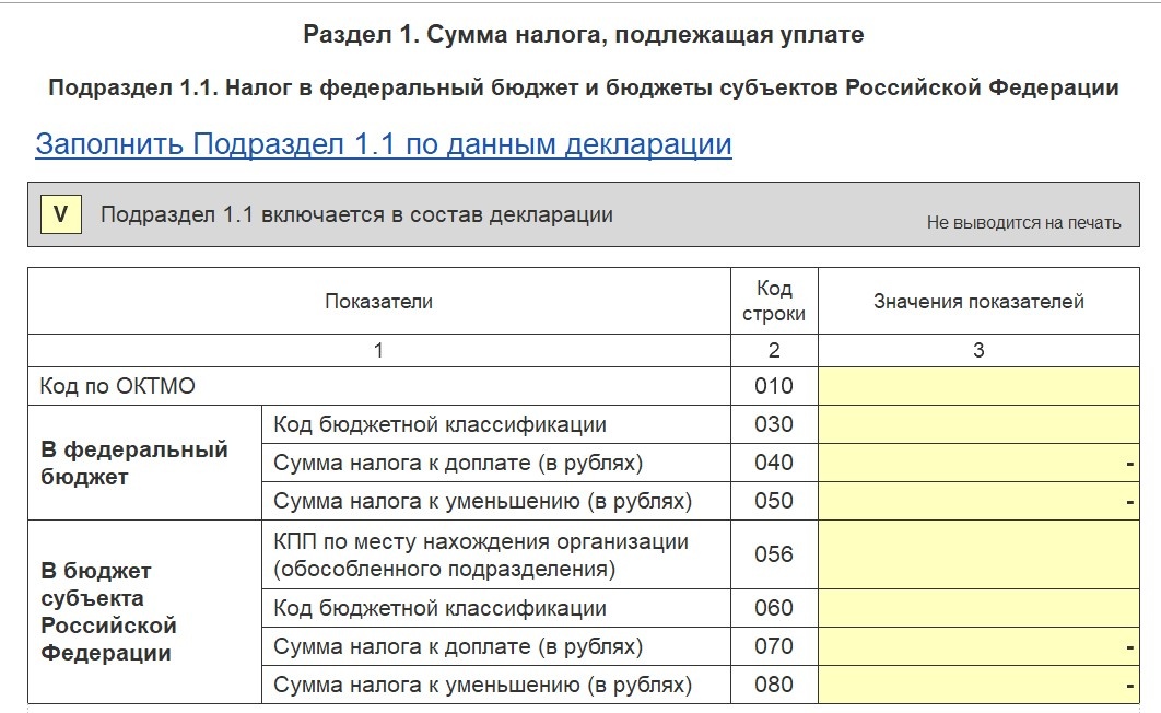 Подраздел 1.1 Декларации по налогу на прибыль