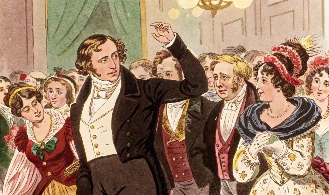 Чацкий в окружении представителей московского высшего общества.