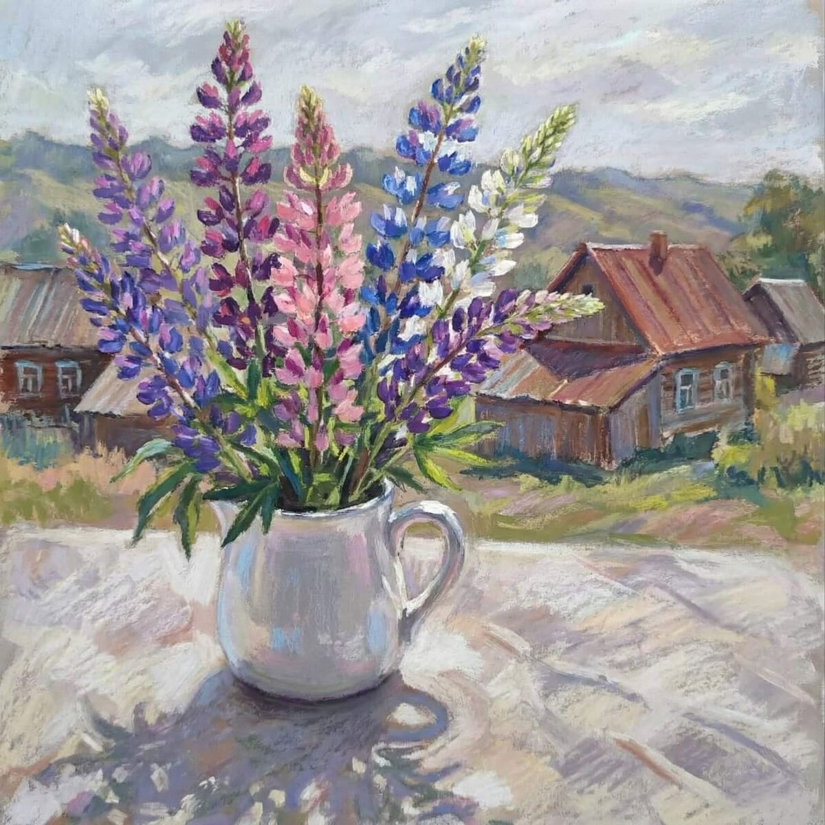 Пастельный рисунок "Утро в деревне".