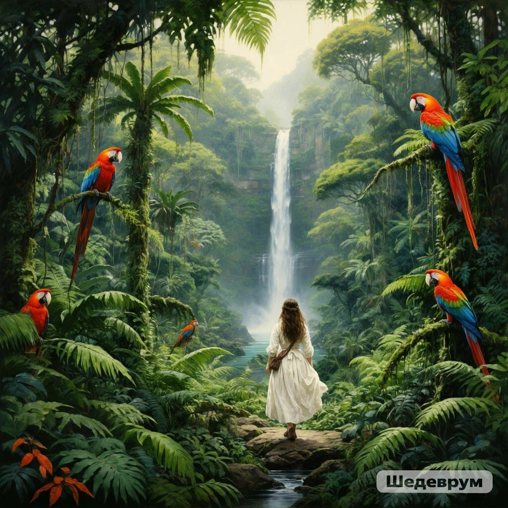 Густая зелень покрывает все пространство: пальмы, папоротник, лианы. То тут, то там попадаются красивейшие попугаи всех цветов радуги...