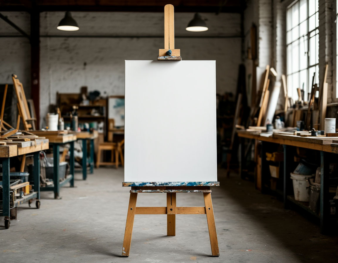 Чистый холст на мольберте в пустой мастерской