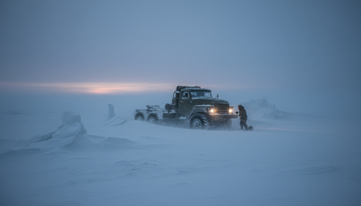 Застрявший грузовик в снегах Крайнего Севера, метель.