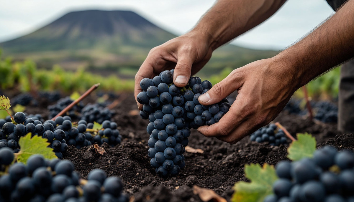 Фермер собирает виноград у подножия вулкана 