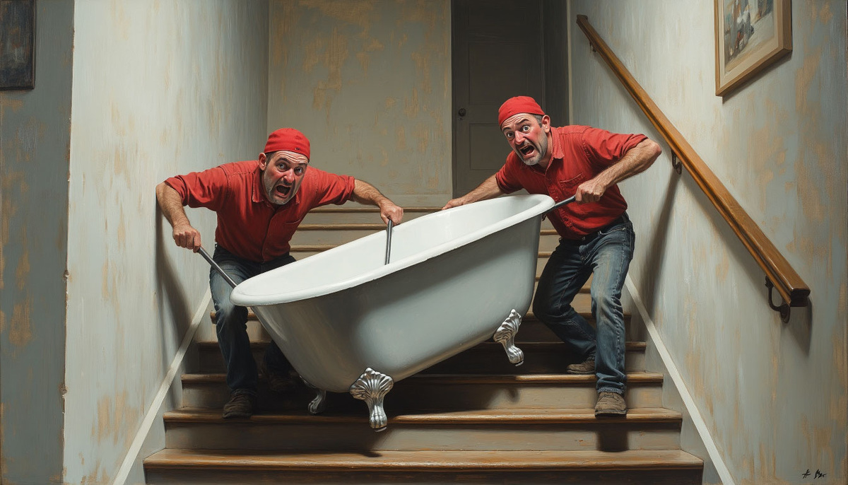 Грузчики с чугунной ванной — испытание для лестницы.