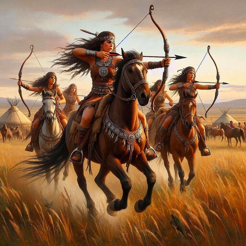  «Стрела и меч знакомы девам стали, Из лука все без промаха стреляли, Готовились без устали к сраженью, Их вдохновляло будущее мщенье» 