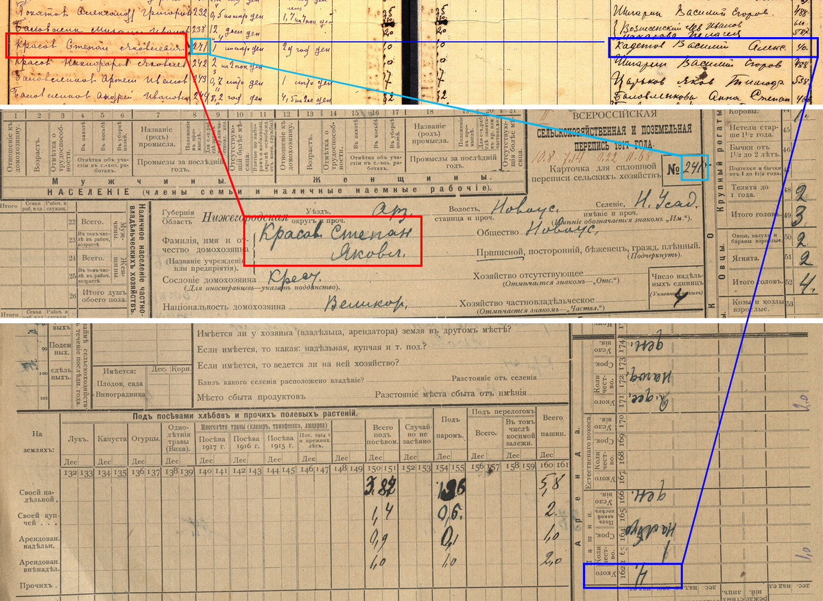 Путаница в порядковых номерах между контрольным бланком (вверху: ЦАНО ф.Р-124 оп.4 д.23 л.1978об-1980а) и подворной карточкой (ЦАНО ф.Р-124 оп.4 д.23 л.1152 (в центре), л.1152об (внизу). В бланке контроля указана верная информация (номер 40 по списку домохозяев соответствует карточке Кадетова Василия Александровича) В подворной карточке информация ошибочная (указан неверный номер сдающего землю).