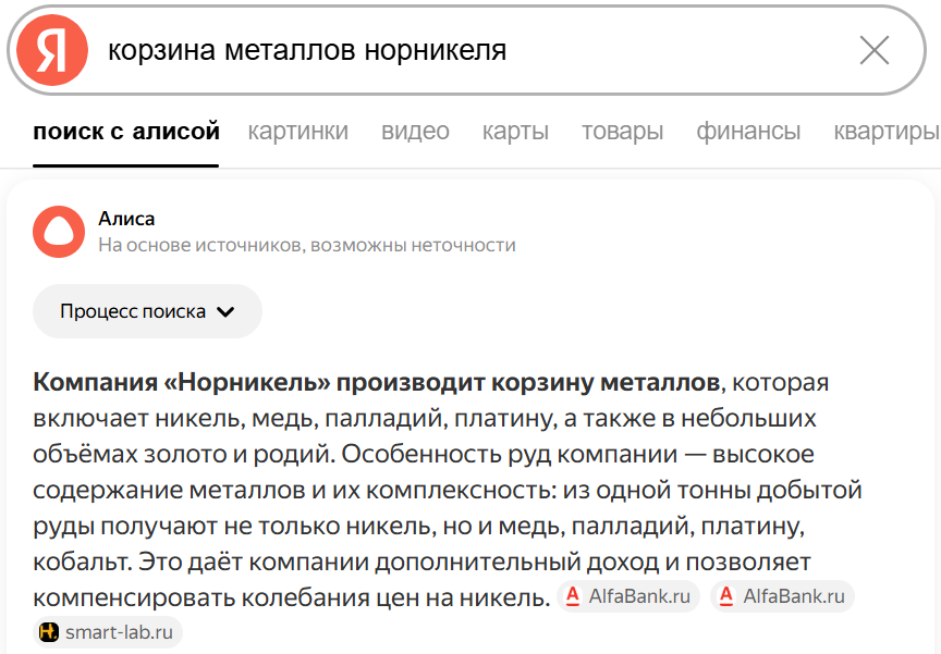 Корзина металлов "Норникеля". Яндекс ответил