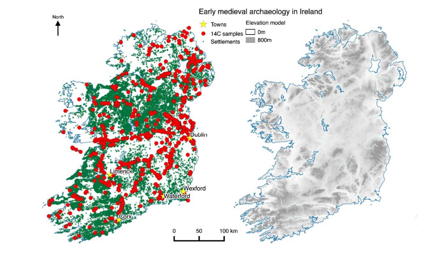 Карта расположения мест поселений, откуда взяты данные о населении, и карта рельефа Ирландии. Города викингов - жёлтые звёзды