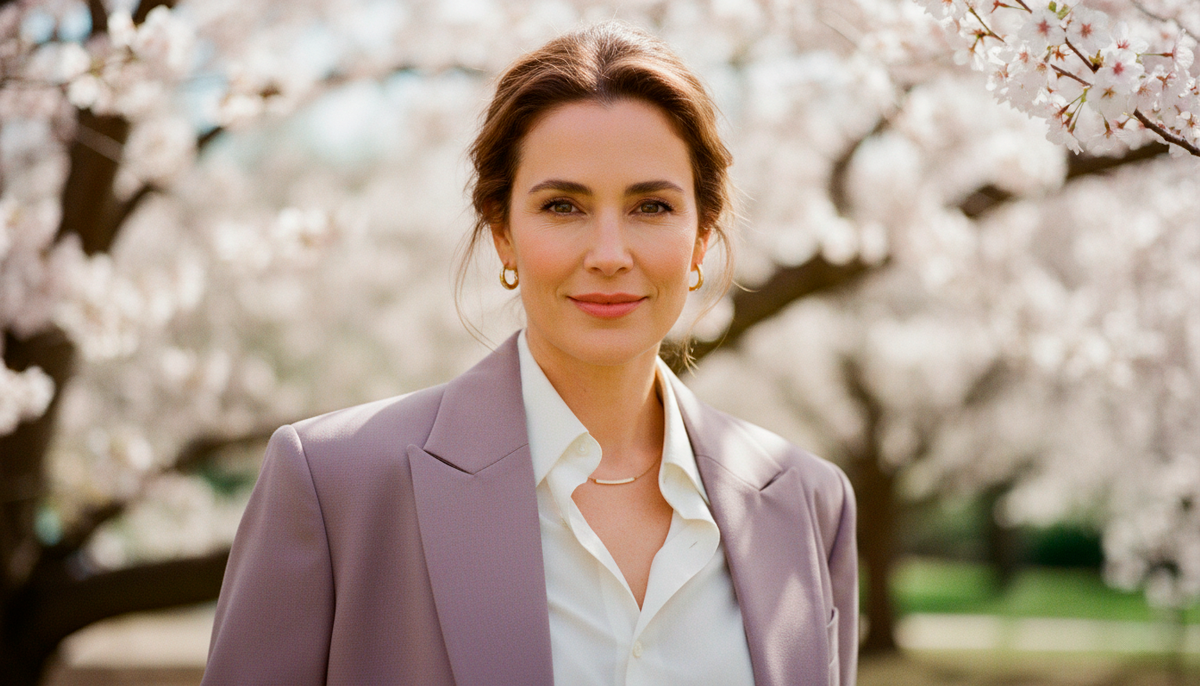 Элегантная женщина 40+ в лавандовом оверсайз-жакете и белой рубашке демонстрирует, как весенние тренды-2026 освежают и молодят. Образ выглядит дорого, современно и вдохновляет попробовать новые сочетания.