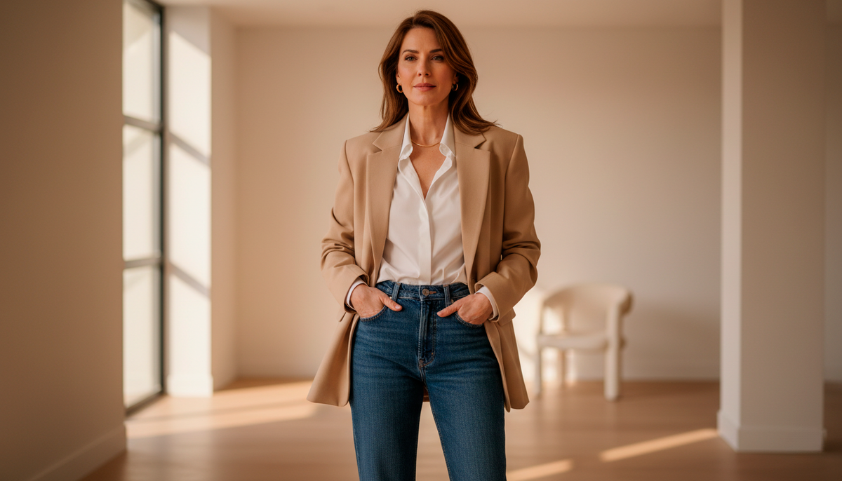 Бежевый оверсайз-жакет с чётким кроем - идеальный баланс между комфортом и элегантностью. Обратите внимание, как он структурирует силуэт без утяжеления, создавая вертикальную линию.
