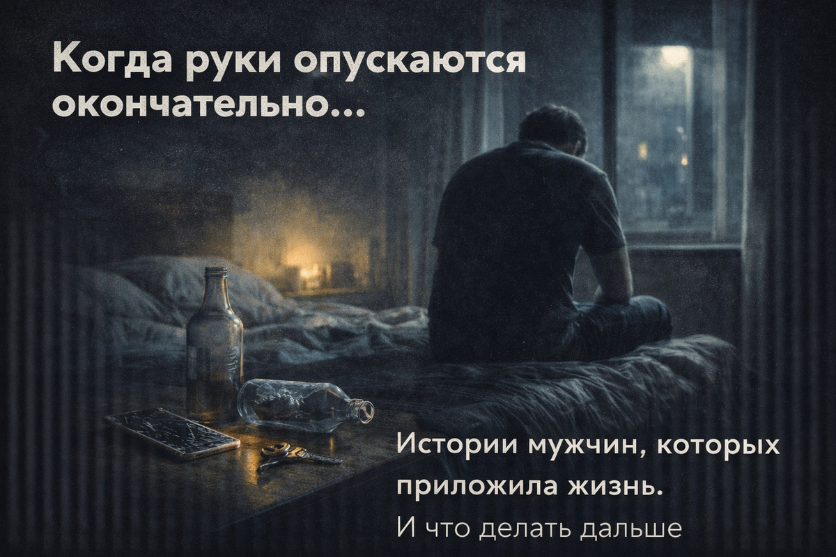 Силуэт мужчины в состоянии отчаяния сидит на кровати в неубранной комнате. На столе перед ним – символы краха: разбитый телефон, пустая бутылка. Тема – преодоление кризиса и отчаяния
