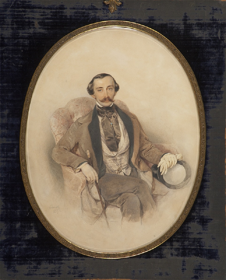 П. Ф. Соколов «Мужской портрет», 1847 год. Бумага, акварель. Размеры: 32,5 x 25,5 см (овал в свету). Инв. Г-167. Таганрогский художественный музей. Фото картины взято из открытого источника.